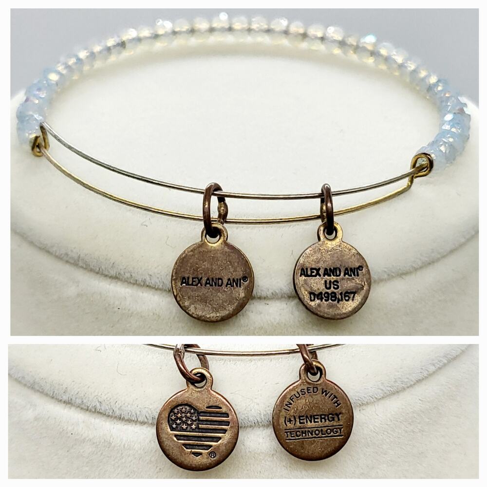 Alex and Ani American Flag Heart Charm Beaded Bangle Expandable Wire Bracelet
